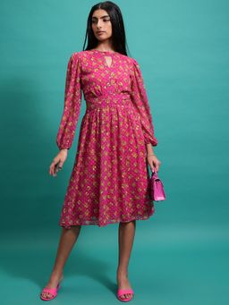 TOKYO TALKIES - Polyester Pink Floral Knee Length A-Line Dress
