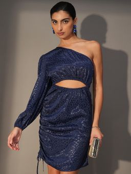 TOKYO TALKIES - Polyester Navy Blue Self Design Mini Bodycon Dress