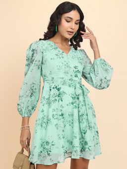 TOKYO TALKIES - Polyester Green Floral Mini A-Line Dress