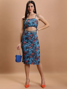 TOKYO TALKIES - Polyester Blend Blue Printed Knee Length Bodycon Dress