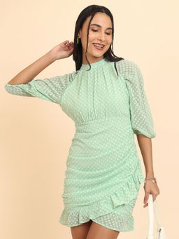 TOKYO TALKIES - Polyester Green Self Design Mini Wrap Dress