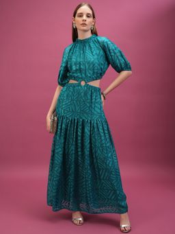 TOKYO TALKIES - Polyester Blend Teal Printed Maxi Flared Dress