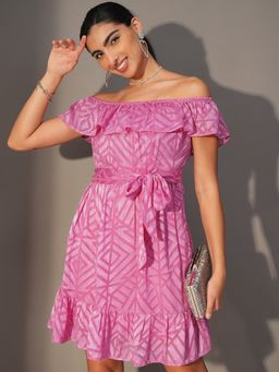 TOKYO TALKIES - Polyester Blend Pink Self Design Mini A-Line Dress