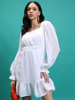 TOKYO TALKIES - Polyester White Self Design Mini A-Line Dress
