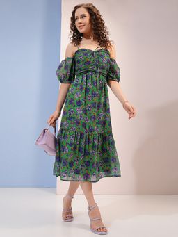 TOKYO TALKIES - Polyester Green Printed Midi A-Line Dress