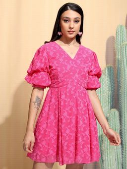 TOKYO TALKIES - Polyester Pink Self Design Knee Length A-Line Dress