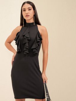 TOKYO TALKIES - Polyester Blend Black Knee Length A-Line Dress