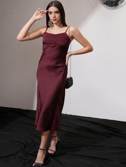 TOKYO TALKIES - Polyester Maroon Maxi Flared Dress