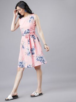 TOKYO TALKIES - Polyester Pink Floral Knee Length A-Line Dress