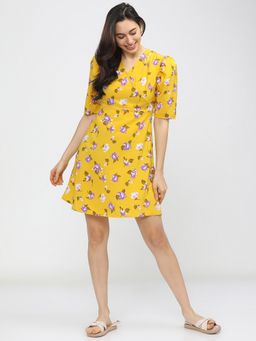 TOKYO TALKIES - Polyester Yellow Floral Mini A-Line Dress