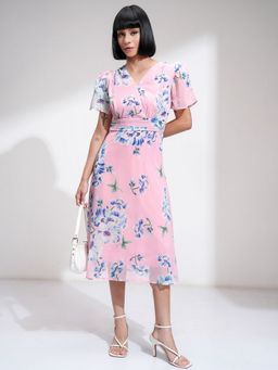 TOKYO TALKIES - Polyester Pink Floral Knee Length A-Line Dress