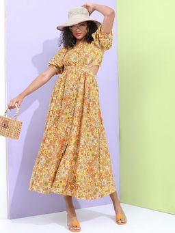 TOKYO TALKIES - Polyester Mustard Floral Maxi Flared Dress