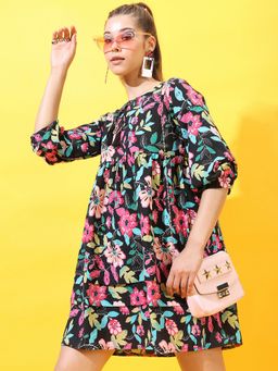 TOKYO TALKIES - Polyester Black Floral Mini A-Line Dress
