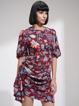 TOKYO TALKIES - Polyester Maroon Printed Mini A-Line Dress