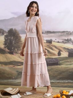 TOKYO TALKIES - Polyester Peach Printed Maxi A-Line Dress