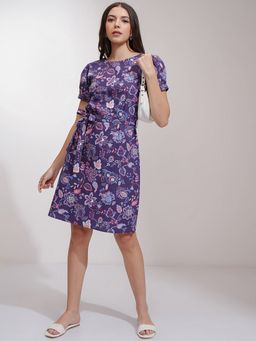 TOKYO TALKIES - Cotton Blend Blue Floral Mini A-Line Dress