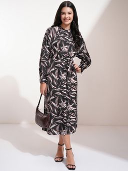 TOKYO TALKIES - Polyester Blend Black Printed Midi A-Line Dress