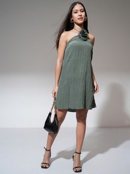 TOKYO TALKIES - Polyester Blend Green Mini Flared Dress