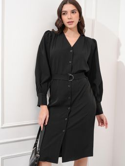 TOKYO TALKIES - Polyester Blend Black Knee Length A-Line Dress