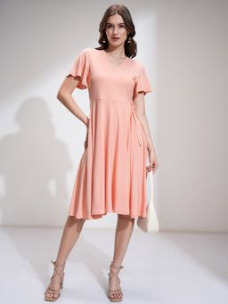 TOKYO TALKIES - Polyester Blend Peach Knee Length A-Line Dress