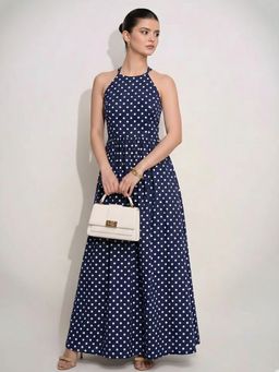Uptownie - Halter Neck Polka Dots Maxi Navy Blue Dress