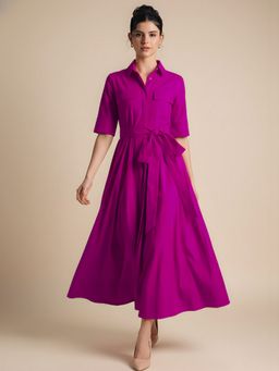 Uptownie - Collar Neck Solid Maxi Magenta Dress