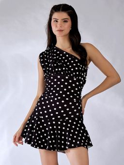 Uptownie - One Shoulder Polka Dots Mini Black Dress