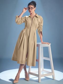 Uptownie - Collar Neck Solid Midi Beige Dress