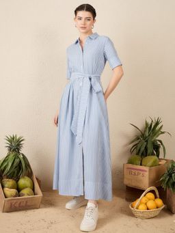 Uptownie - Collar Neck Stripes Maxi Blue Dress