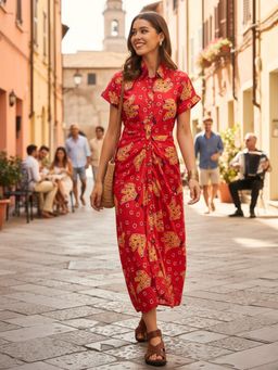 Uptownie - Collar Neck Printed Maxi Red Dress