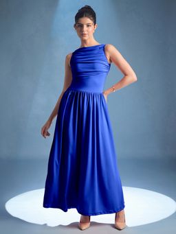 Uptownie - Boat Neck Solid Maxi Blue Dress