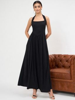 Uptownie - Halter Neck Solid Maxi Black Dress