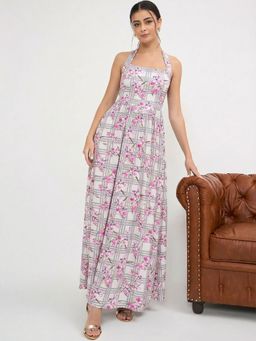 Uptownie - Halter Neck Floral Maxi Off White Dress