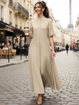 Uptownie - High Neck Solid Maxi Beige Dress