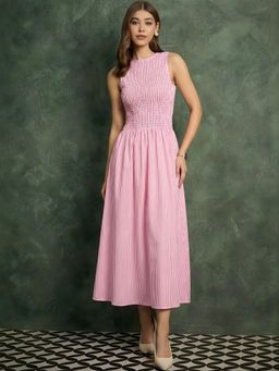 Uptownie - Round Neck Stripes Midi Pink Dress