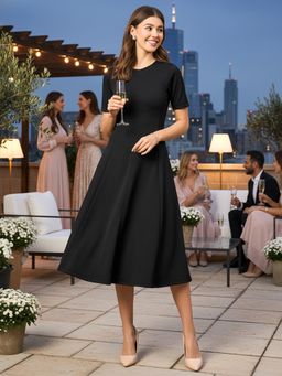 Uptownie - Round Neck Solid Midi Black Dress