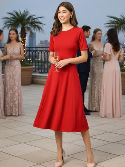 Uptownie - Round Neck Solid Midi Red Dress