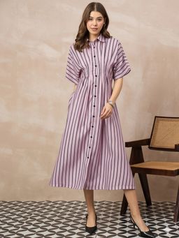 Uptownie - Collar Neck Stripes Midi Pink Dress