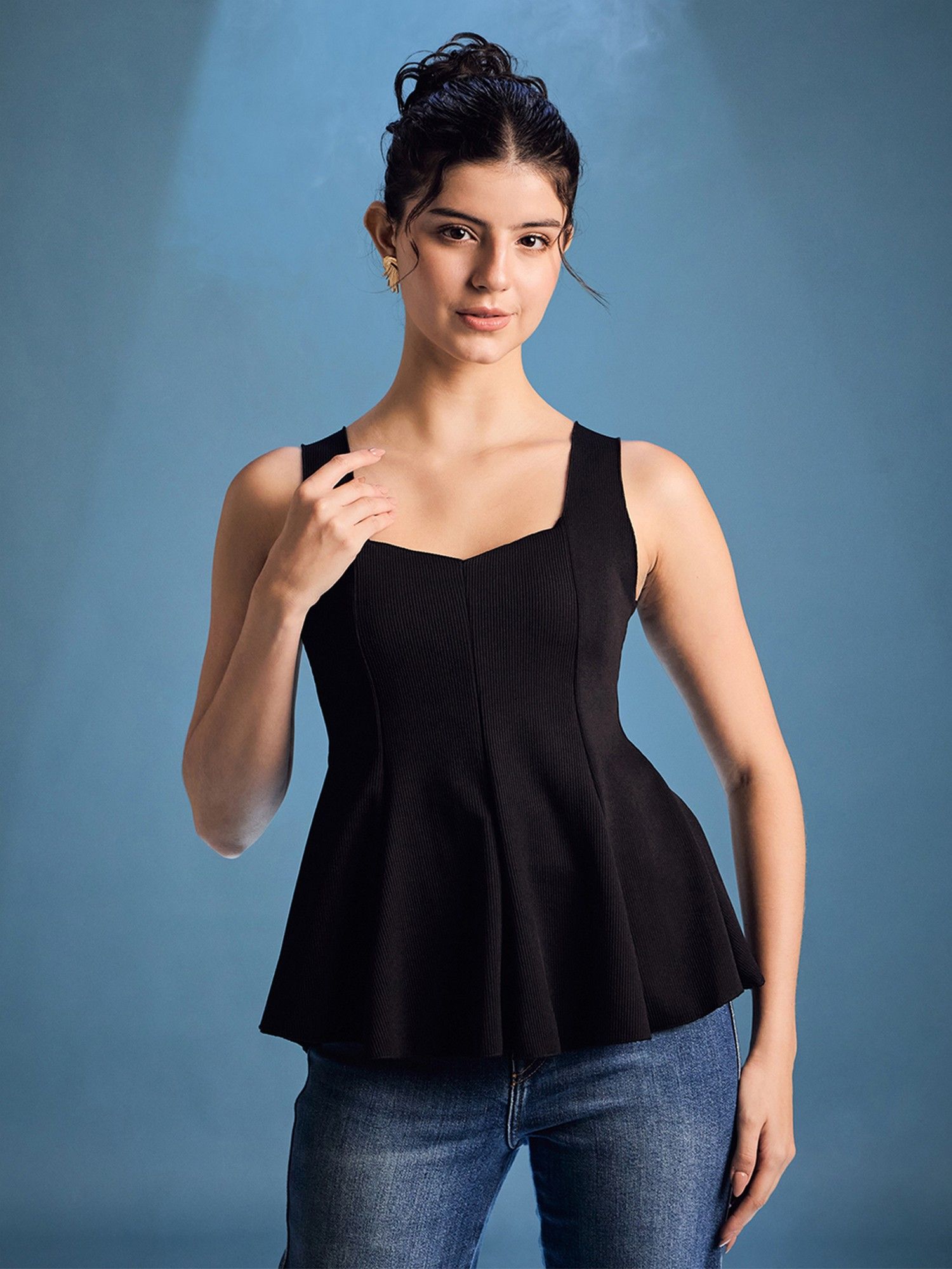 uptownie Black Stretchable Panelled Peplum Top-picture-24