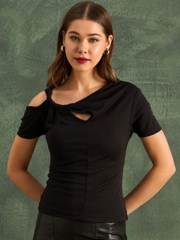 Uptownie - Black Stretchable Twisted Cutout Fitted Top