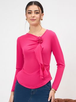 Uptownie - Pink Stretchable Rosette Ruffled Regular Fit Top