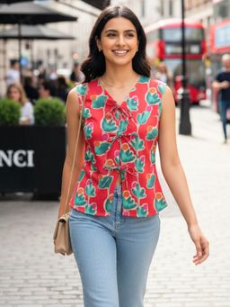 Uptownie - Red Pure Linen Tie-Up Front Top