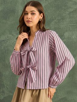Uptownie - Pink Pure Linen Tie-Up Front Shirt Top