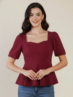 Uptownie - Burgundy Stretchable Puff Sleeve Peplum Top