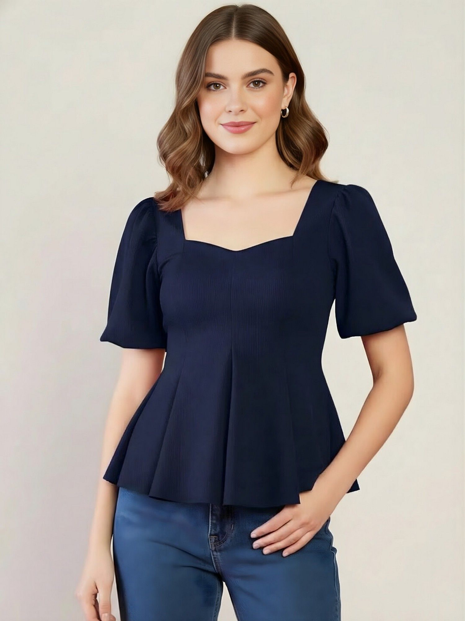 uptownie Navy Blue Stretchable Sweetheart Neck Peplum Top-picture-5