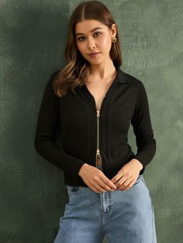Uptownie - Black Stretchable Zip Front Collared Top