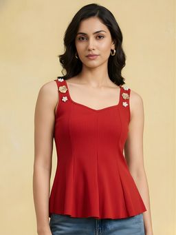 Uptownie - Red Stretchable Embellished Strap Peplum Top