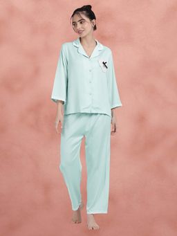 Shyaway - Misty Jade Green Solid Lace Detailed Satin Shirt with Pajama