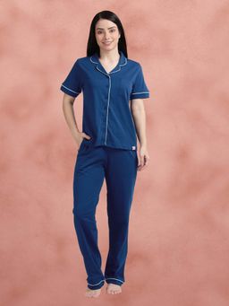 Shyaway - Navy Blue Peony Contrast Piping Shirt with Pajama