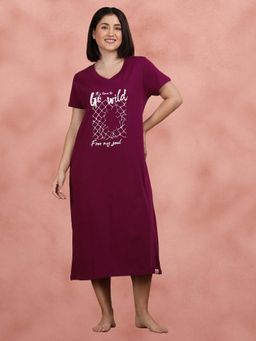 Shyaway - Beet Red Printed Sleep Night Dress